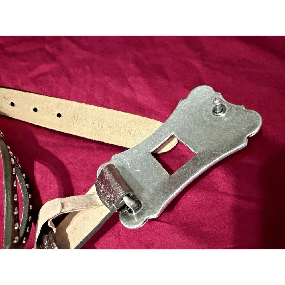 BELTWORKS Western Genuine Leather Brown Belt Silver Studded Scalloped Buckle 40